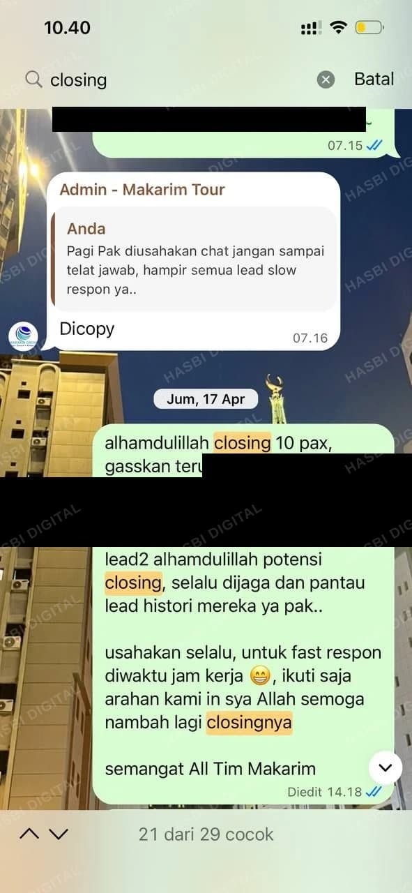Screenshot chat WhatsApp asli — testimoni Makarim Tour